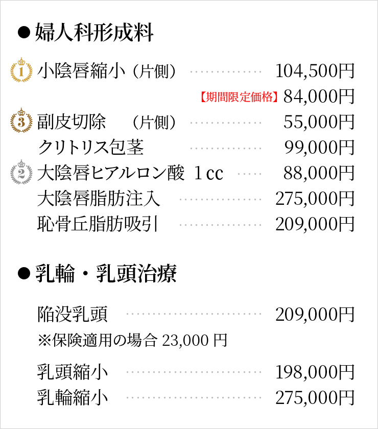 婦人科形成料金一覧