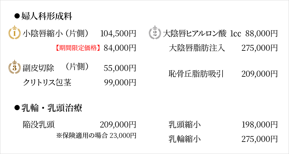 婦人科形成料金一覧